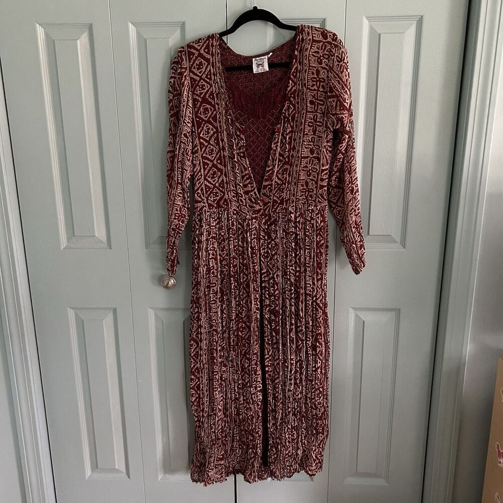 Vtg Papillon Boho Artsy Hippie Burgundy Maxi Dress Medium Long Sleeve